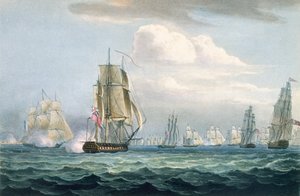 Esquadra de Sir Sidney Smith (1764-1840) contra uma flotilha francesa, 26 de maio de 1804, gravada por T. Sutherland para "A Cronologia Naval da Grã-Bretanha", de J. Ralfe, publicada em 1820 (coloured engravin